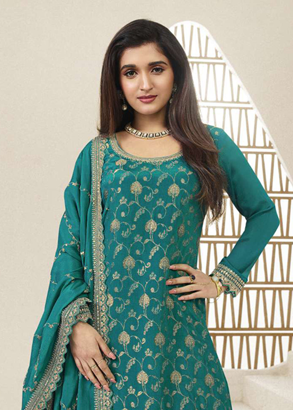 Buy Now Chinnon Jacquard Rama Green Zari Embroidered Palazzo Suit Online in USA, UK, Canada, Germany, Australia & Worldwide at Empress Clothing.