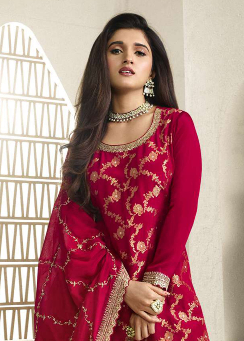 Buy Now Chinnon Jacquard Red Zari Embroidered Palazzo Suit Online in USA, UK, Canada, Germany, Australia & Worldwide at Empress Clothing.
