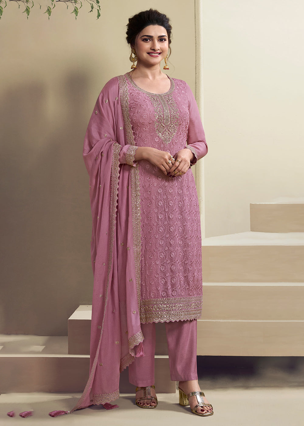 Buy Now Dusty Pink Schiffli Embroidered Organza Salwar Suit Online in USA, UK, Canada, Germany, Australia & Worldwide at Empress Clothing