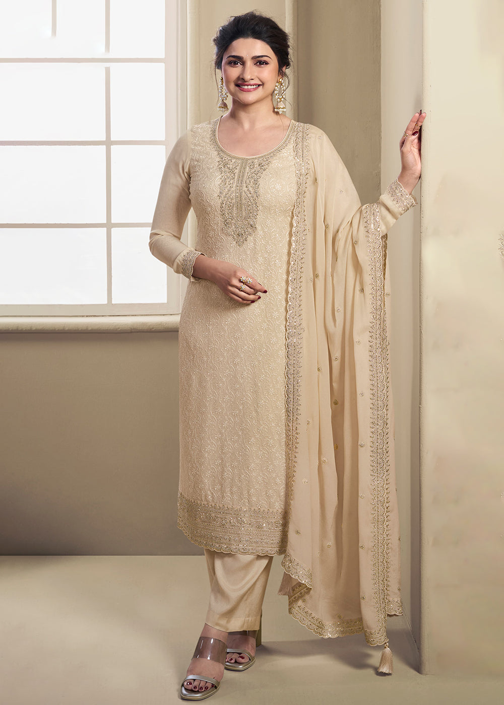 Buy Now Cream Schiffli Embroidered Organza Salwar Suit Online in USA, UK, Canada, Germany, Australia & Worldwide at Empress Clothing.