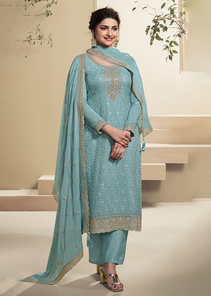 Buy Now Sea Blue Schiffli Embroidered Organza Salwar Suit Online in USA, UK, Canada, Germany, Australia & Worldwide at Empress Clothing.