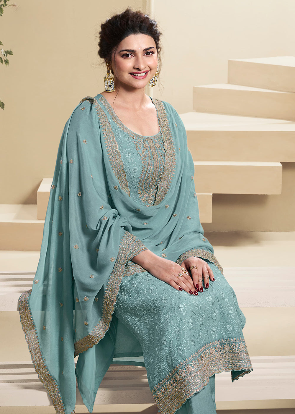 Buy Now Sea Blue Schiffli Embroidered Organza Salwar Suit Online in USA, UK, Canada, Germany, Australia & Worldwide at Empress Clothing.