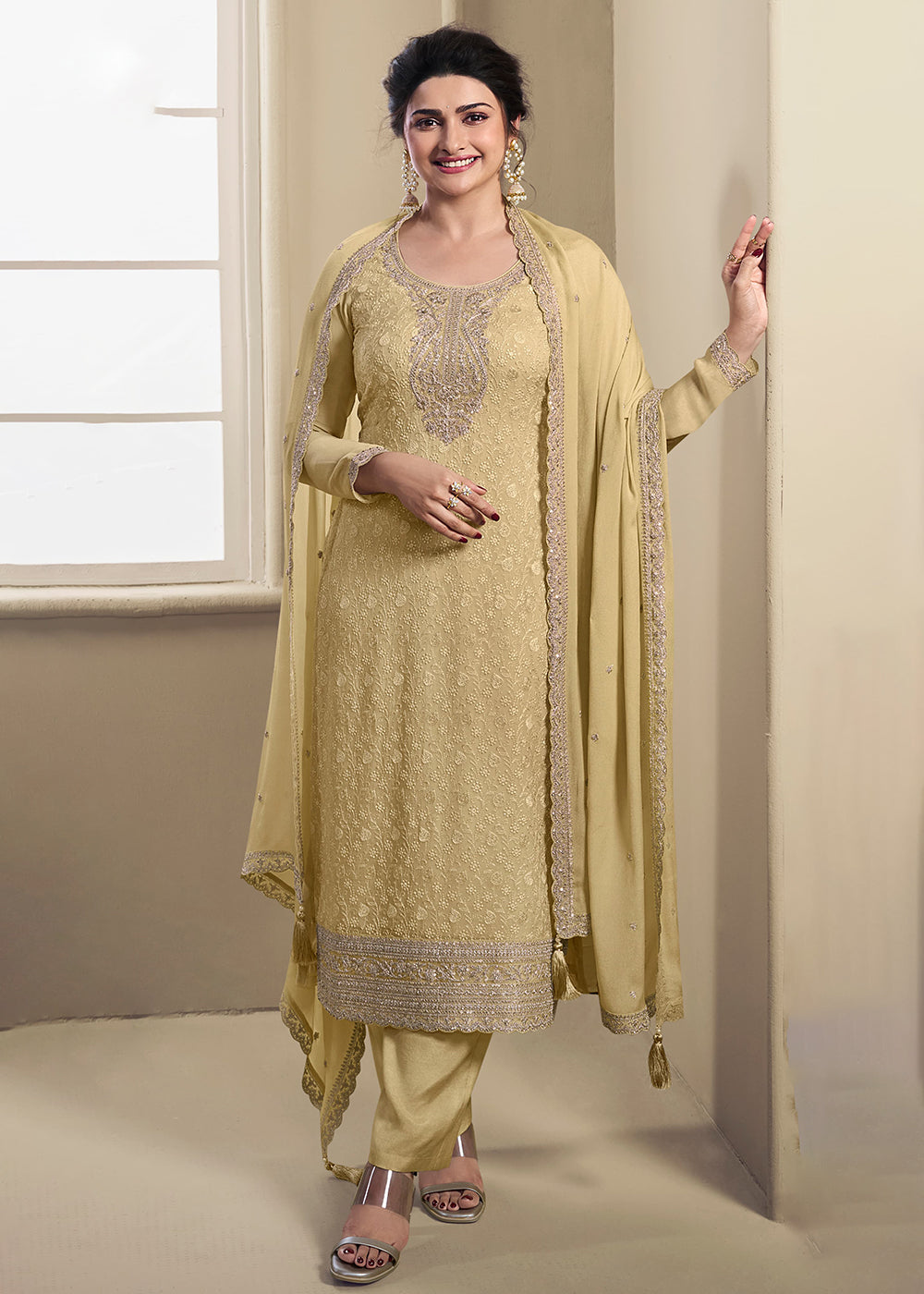 Buy Now Pale Yellow Schiffli Embroidered Organza Salwar Suit Online in USA, UK, Canada, Germany, Australia & Worldwide at Empress Clothing. 