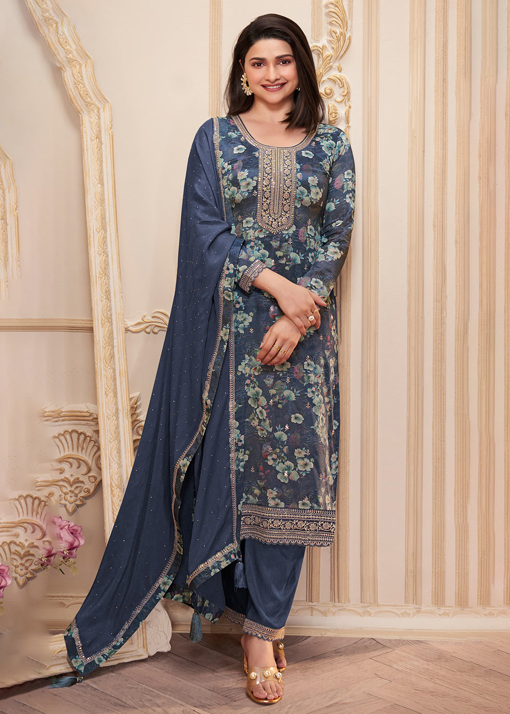 Buy Now Blue Digital Printed Chinnon Festive Salwar Kameez Online in USA, UK, Canada, Germany, Australia & Worldwide at Empress Clothing.