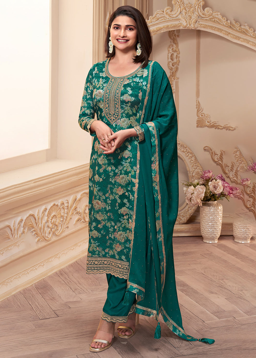 Buy Now Green Digital Printed Chinnon Festive Salwar Kameez Online in USA, UK, Canada, Germany, Australia & Worldwide at Empress Clothing. 