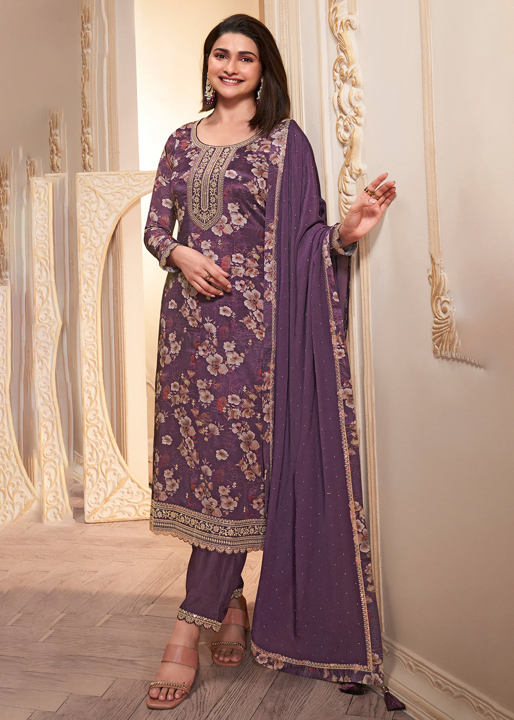 Buy Now Purple Digital Printed Chinnon Festive Salwar Kameez Online in USA, UK, Canada, Germany, Australia & Worldwide at Empress Clothing. 