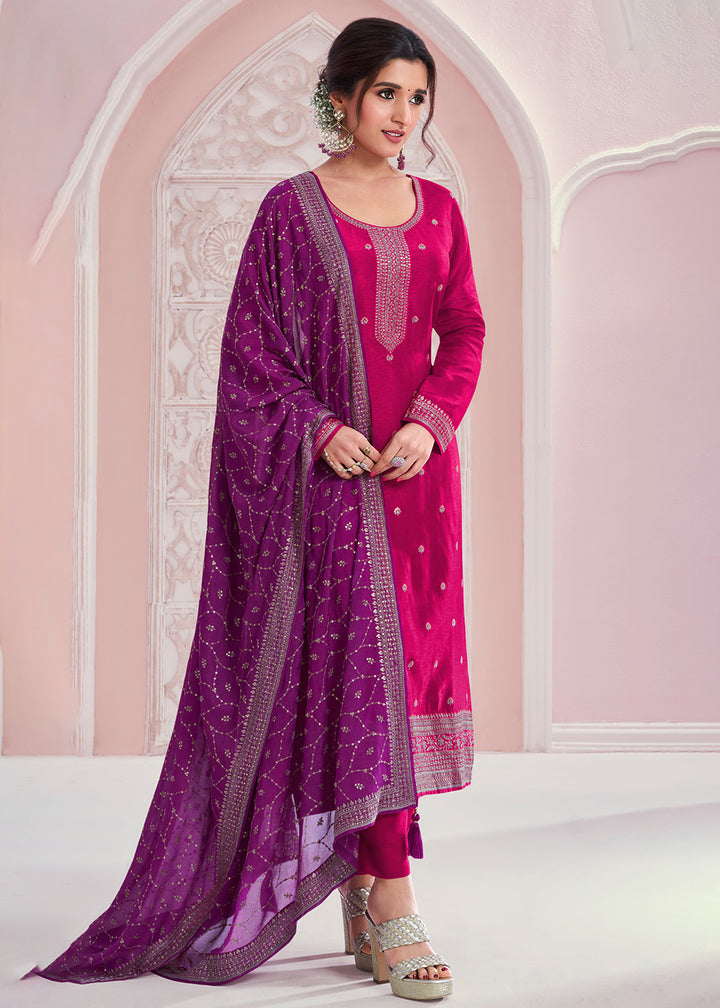 Buy Now Rani Pink Thread Embroidered Silk Salwar Suit Online in USA, UK, Canada, Germany, Australia & Worldwide at Empress Clothing.