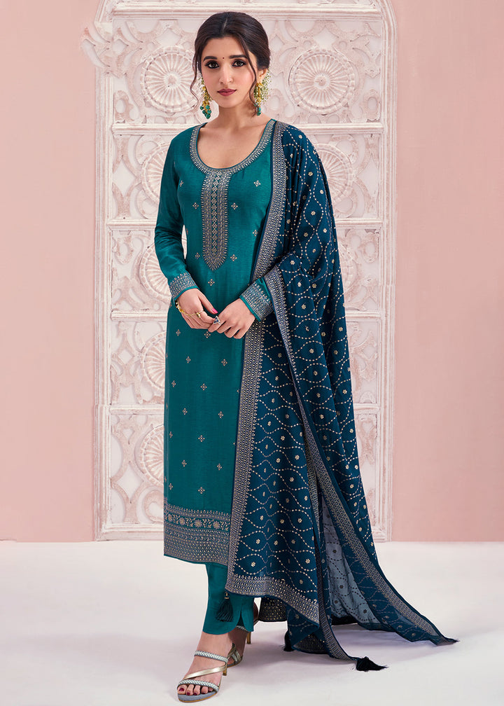 Buy Now Prussian Blue Thread Embroidered Silk Salwar Suit Online in USA, UK, Canada, Germany, Australia & Worldwide at Empress Clothing.