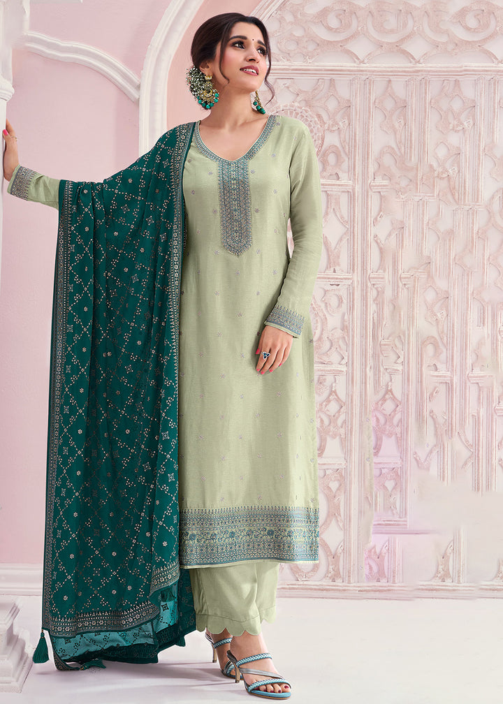 Buy Now Pastel Green Thread Embroidered Silk Salwar Suit Online in USA, UK, Canada, Germany, Australia & Worldwide at Empress Clothing.