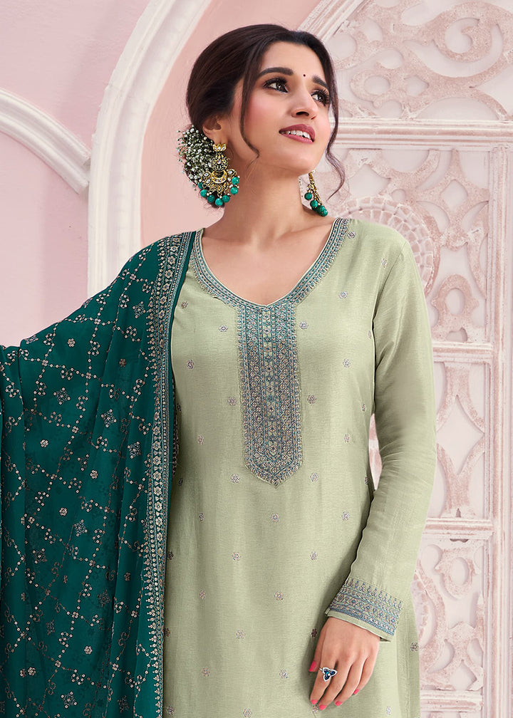 Buy Now Pastel Green Thread Embroidered Silk Salwar Suit Online in USA, UK, Canada, Germany, Australia & Worldwide at Empress Clothing.