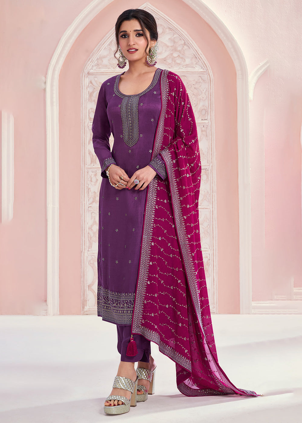 Buy Now Plum Purple Thread Embroidered Silk Salwar Suit Online in USA, UK, Canada, Germany, Australia & Worldwide at Empress Clothing.