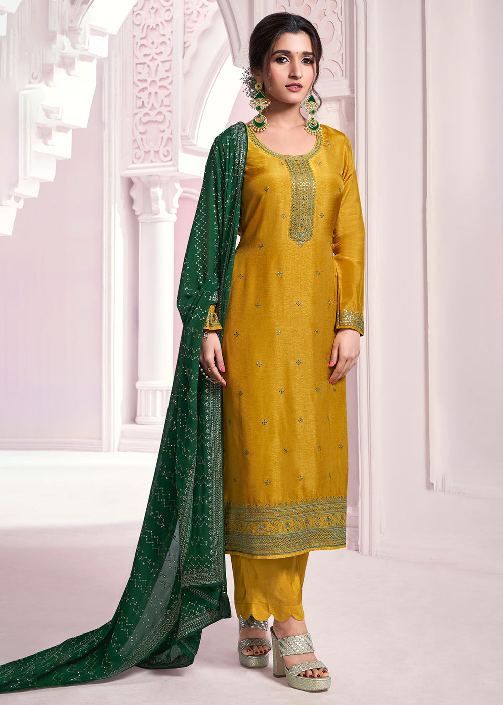 Buy Now Mustard Yellow Thread Embroidered Silk Salwar Suit Online in USA, UK, Canada, Germany, Australia & Worldwide at Empress Clothing.