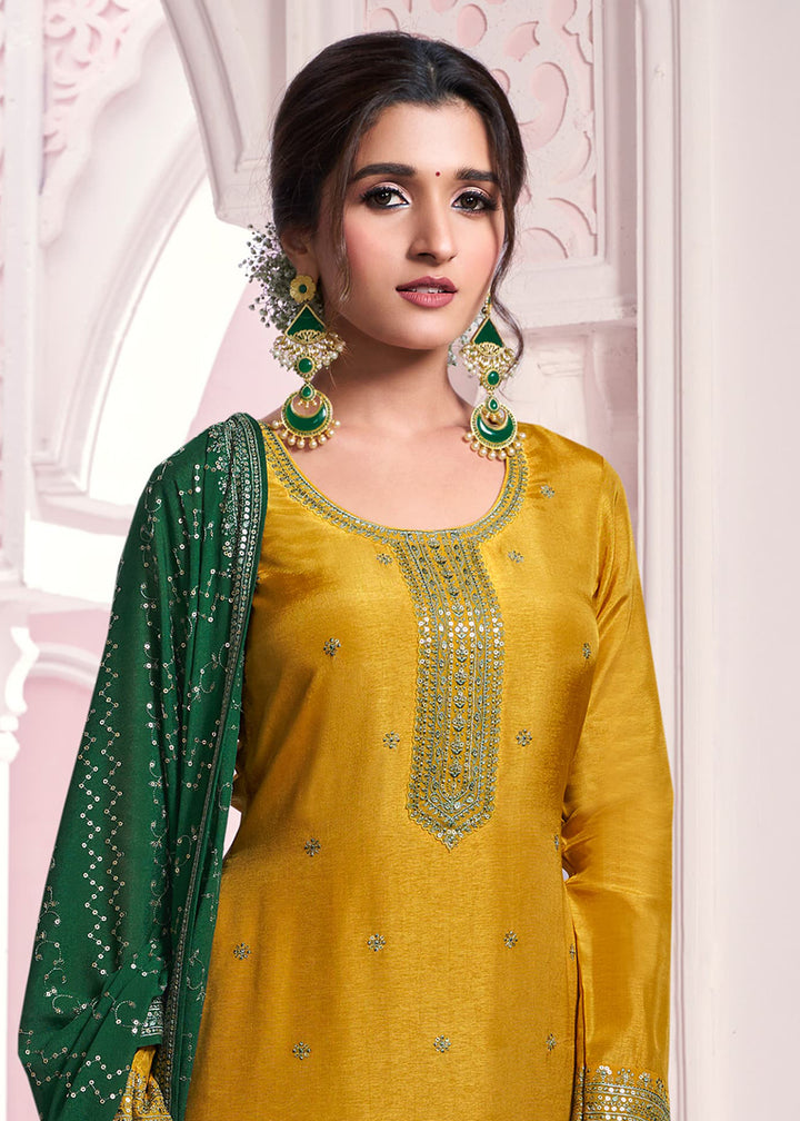 Buy Now Mustard Yellow Thread Embroidered Silk Salwar Suit Online in USA, UK, Canada, Germany, Australia & Worldwide at Empress Clothing.