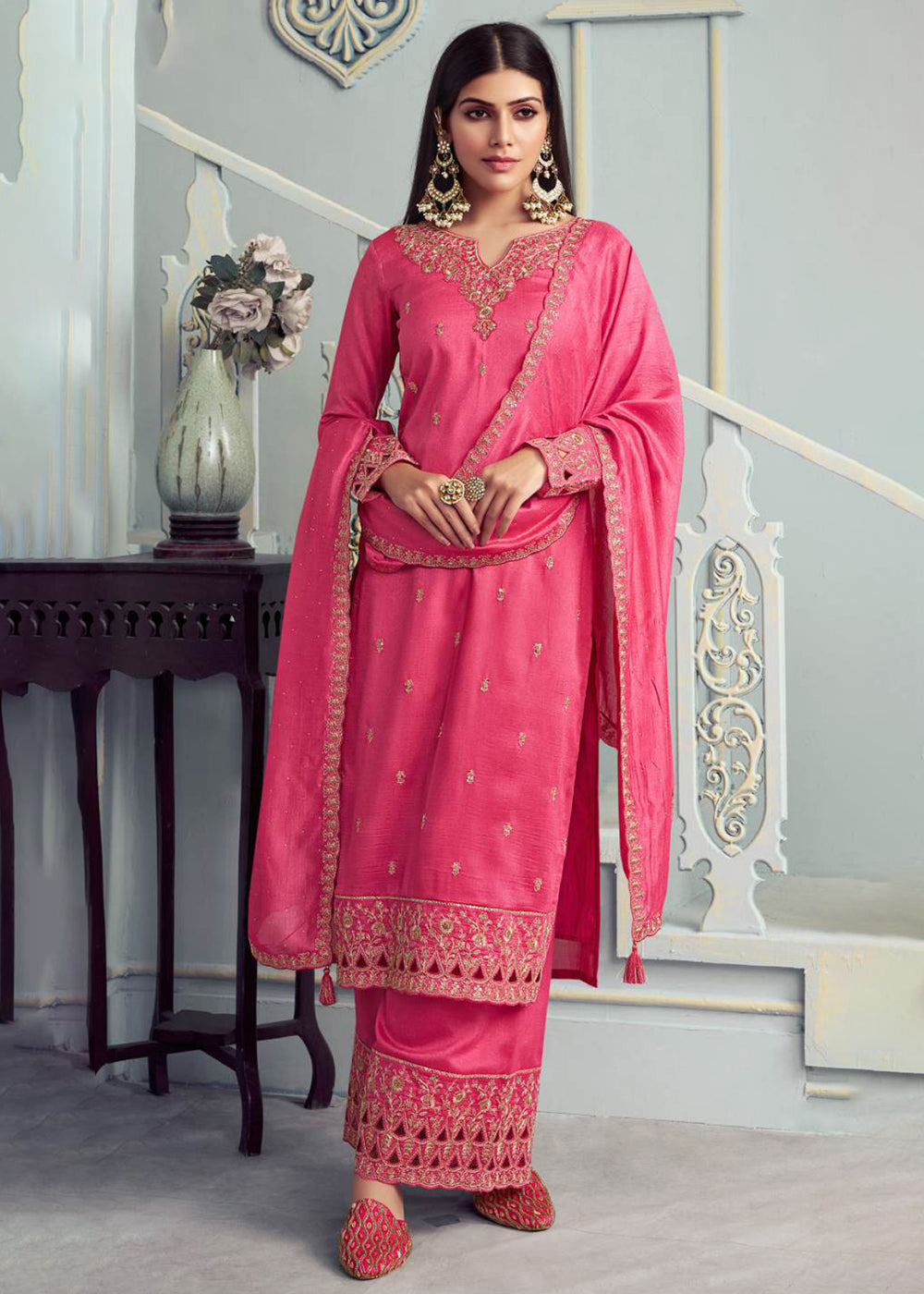 Buy Now Alluring Pink Embroidered Silk Georgette Festive Salwar Suit Online in USA, UK, Canada, Germany, Italy & Worldwide at Empress Clothing.