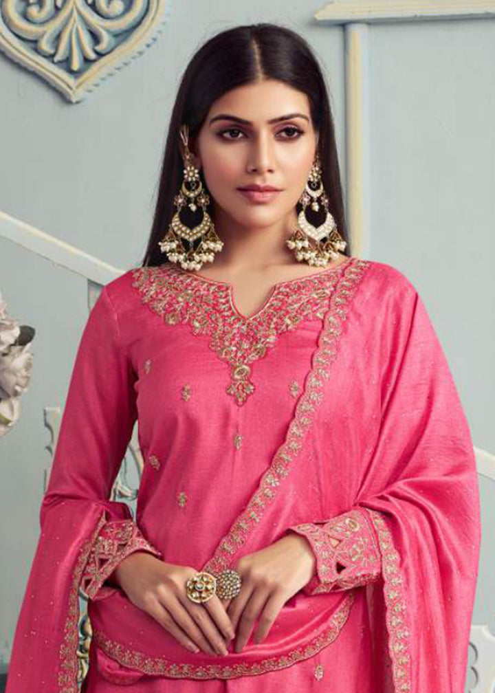 Buy Now Alluring Pink Embroidered Silk Georgette Festive Salwar Suit Online in USA, UK, Canada, Germany, Italy & Worldwide at Empress Clothing.