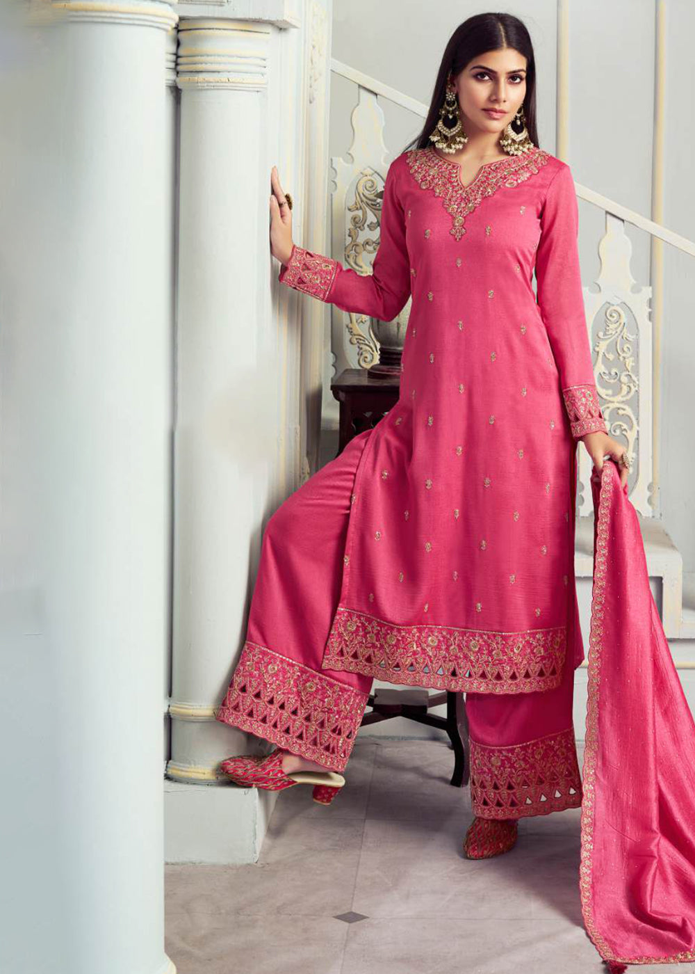 Buy Now Alluring Pink Embroidered Silk Georgette Festive Salwar Suit Online in USA, UK, Canada, Germany, Italy & Worldwide at Empress Clothing.