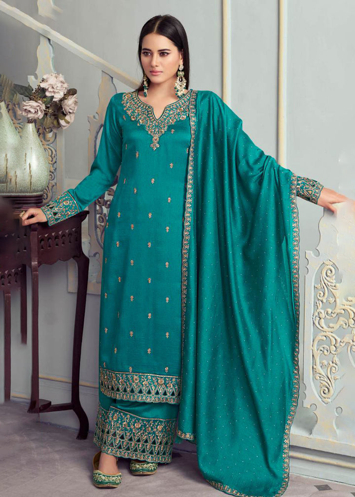 Buy Now Alluring Teal Green Embroidered Silk Georgette Festive Salwar Suit Online in USA, UK, Canada, Germany, Italy & Worldwide at Empress Clothing.