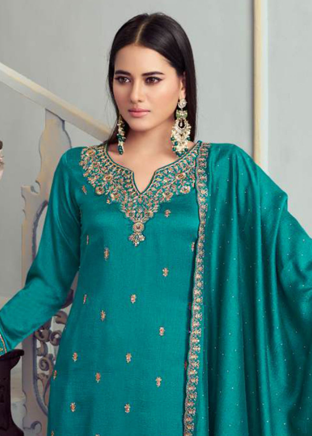 Buy Now Alluring Teal Green Embroidered Silk Georgette Festive Salwar Suit Online in USA, UK, Canada, Germany, Italy & Worldwide at Empress Clothing.