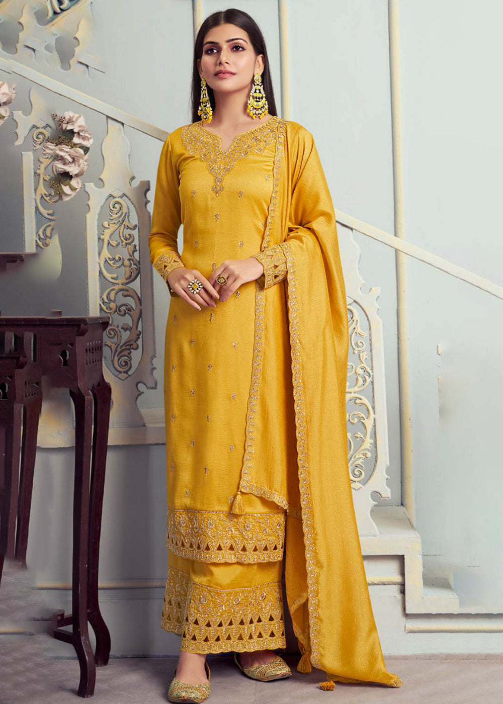 Buy Now Alluring Yellow Embroidered Silk Georgette Festive Salwar Suit Online in USA, UK, Canada, Germany, Italy & Worldwide at Empress Clothing.