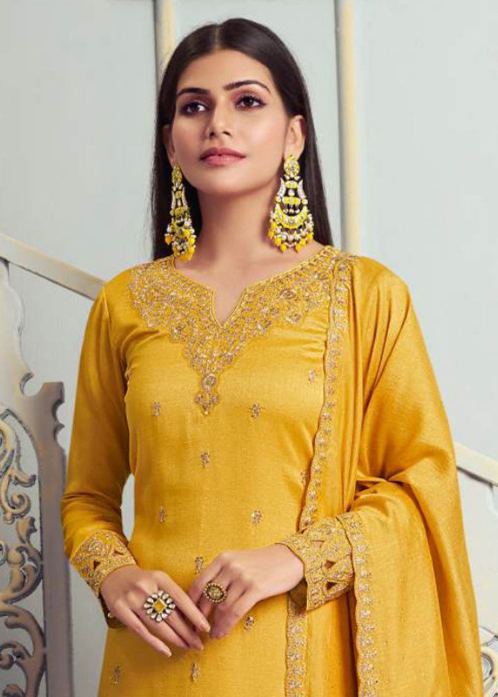 Buy Now Alluring Yellow Embroidered Silk Georgette Festive Salwar Suit Online in USA, UK, Canada, Germany, Italy & Worldwide at Empress Clothing.