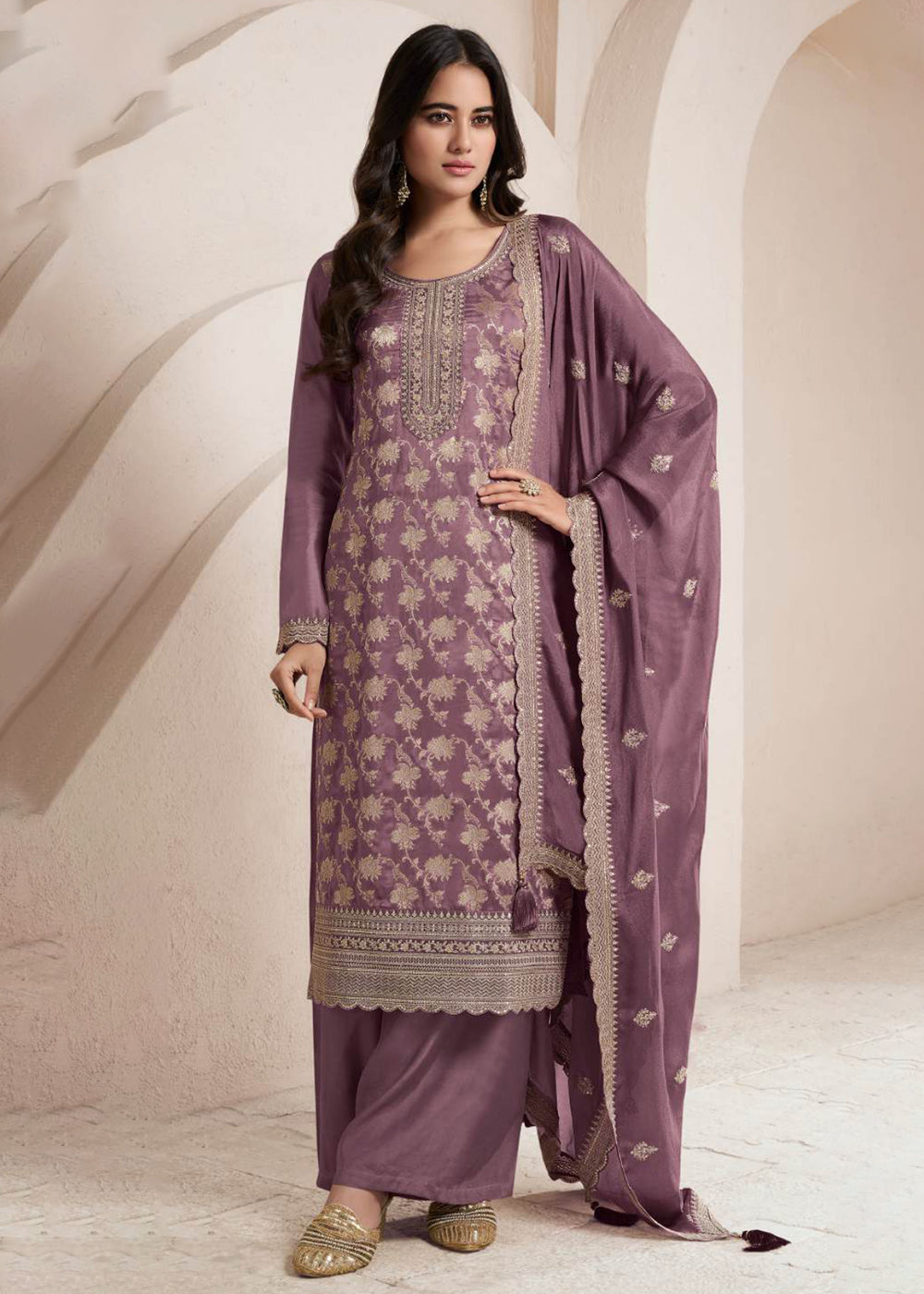 Buy Now Mauve Purple Silk Jacquard Embroidered Festive Salwar Suit Online in USA, UK, Canada, Germany, Italy & Worldwide at Empress Clothing. 