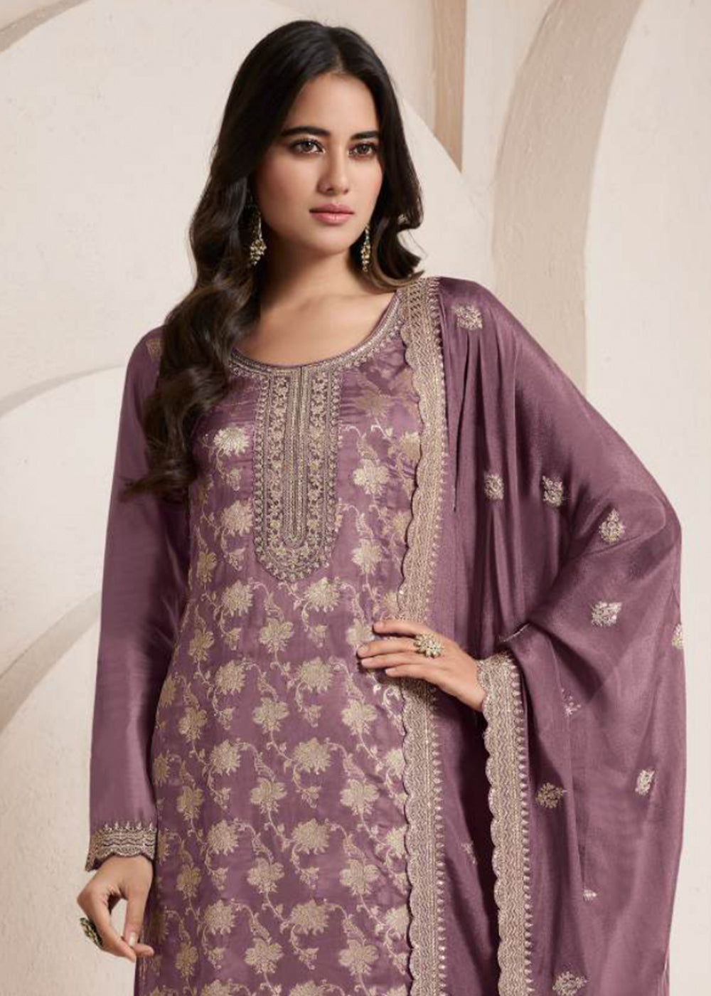 Buy Now Mauve Purple Silk Jacquard Embroidered Festive Salwar Suit Online in USA, UK, Canada, Germany, Italy & Worldwide at Empress Clothing. 