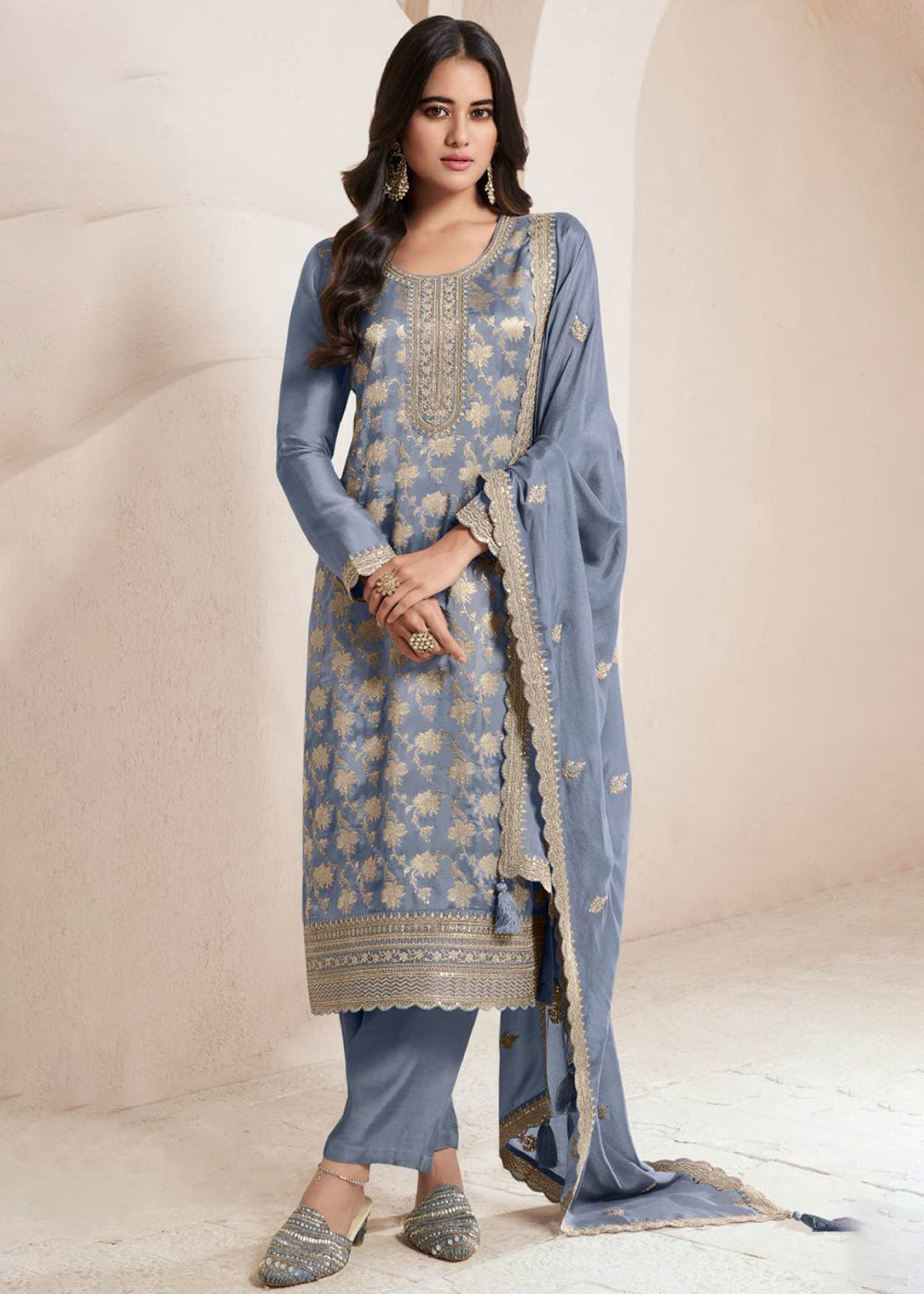 Buy Now Bluish Grey Silk Jacquard Embroidered Festive Salwar Suit Online in USA, UK, Canada, Germany, Italy & Worldwide at Empress Clothing.