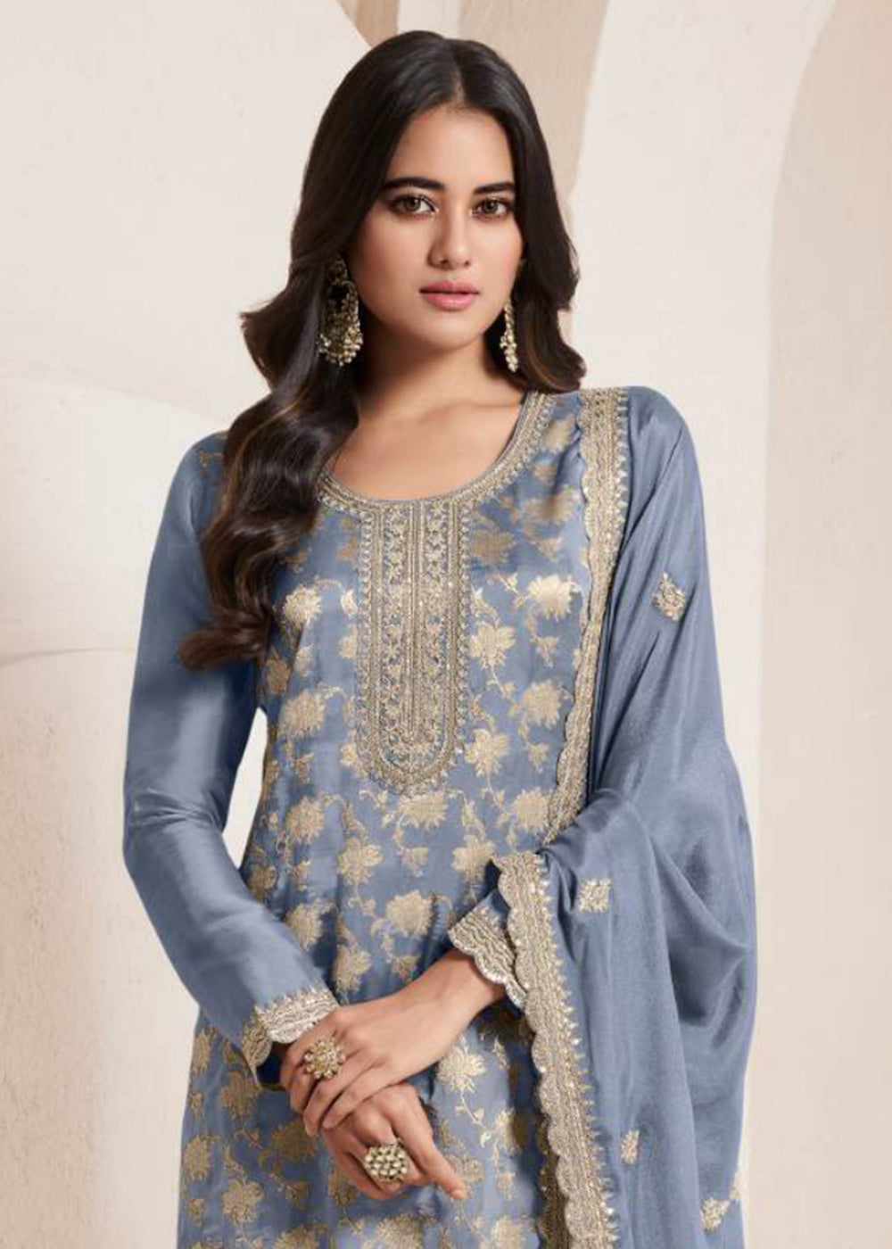 Buy Now Bluish Grey Silk Jacquard Embroidered Festive Salwar Suit Online in USA, UK, Canada, Germany, Italy & Worldwide at Empress Clothing.