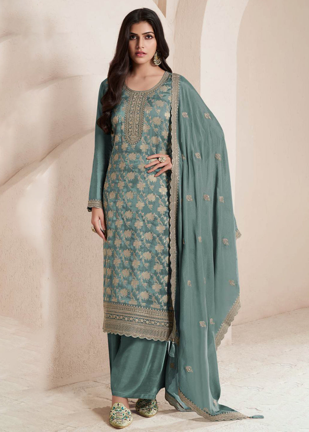 Buy Now Green Silk Jacquard Embroidered Festive Salwar Suit Online in USA, UK, Canada, Germany, Italy & Worldwide at Empress Clothing.