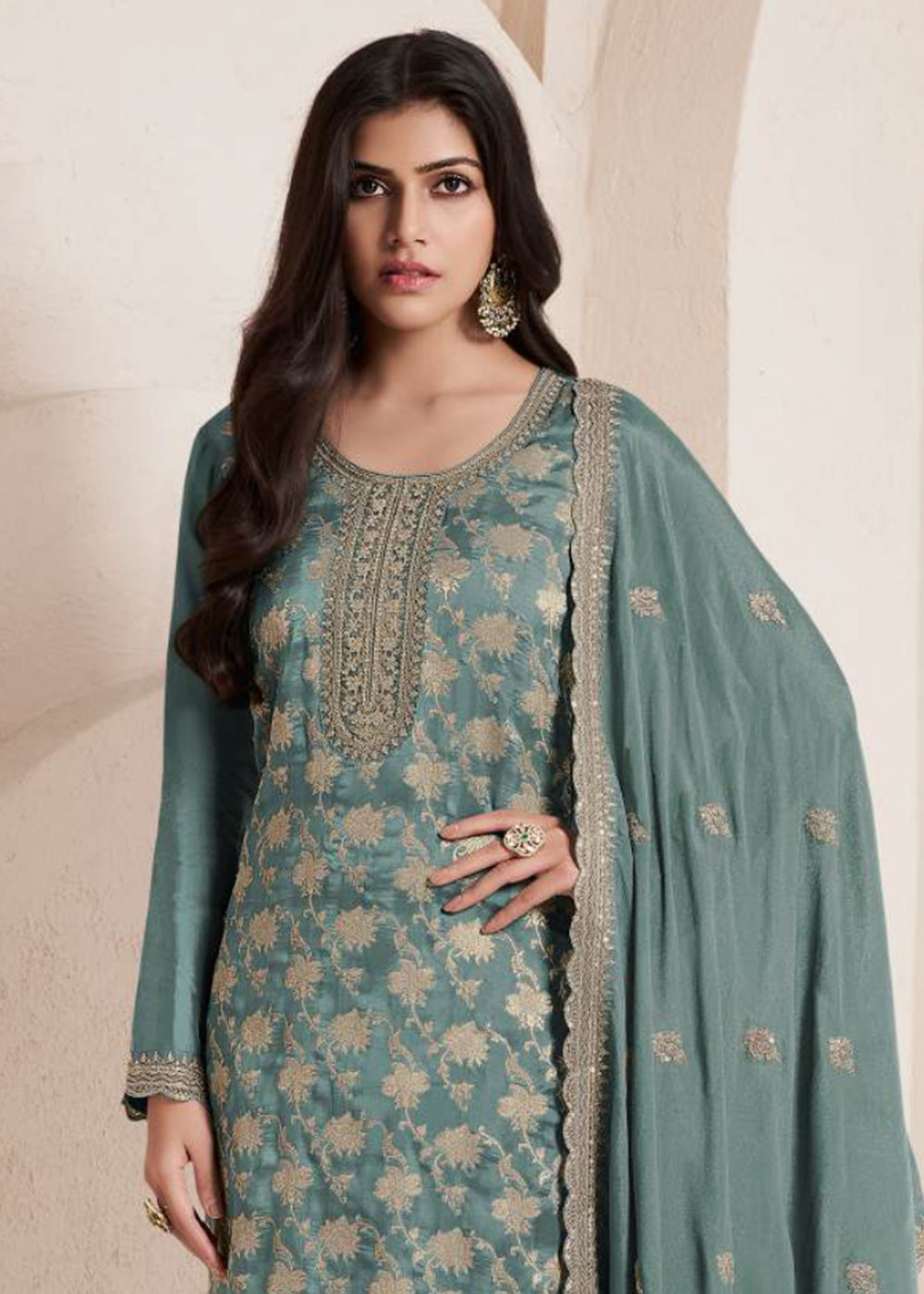 Buy Now Green Silk Jacquard Embroidered Festive Salwar Suit Online in USA, UK, Canada, Germany, Italy & Worldwide at Empress Clothing.