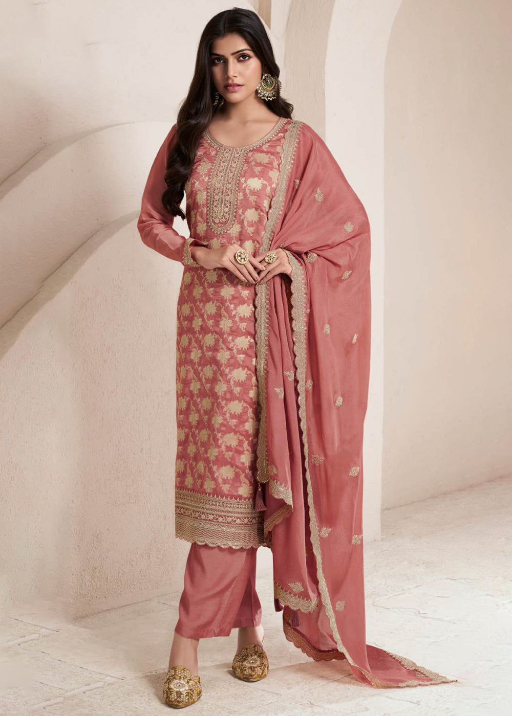 Buy Now Rusty Peach Silk Jacquard Embroidered Festive Salwar Suit Online in USA, UK, Canada, Germany, Italy & Worldwide at Empress Clothing. 