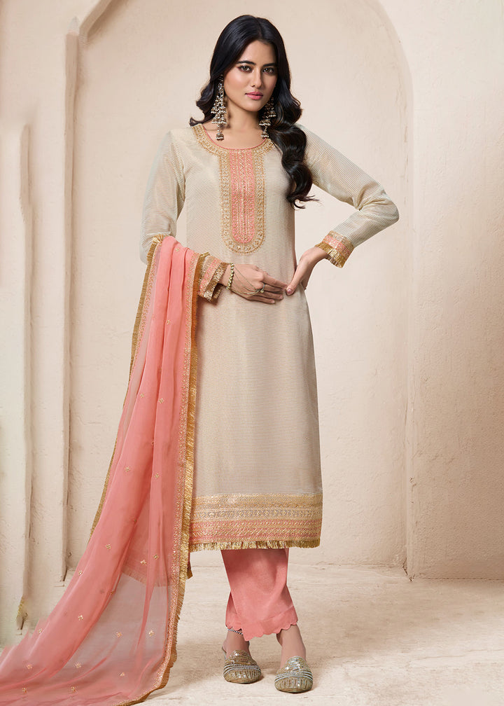 Buy Now Beige & Peach Viscose Organza Embroidered Salwar Suit Online in USA, UK, Canada, Germany, Australia & Worldwide at Empress Clothing.