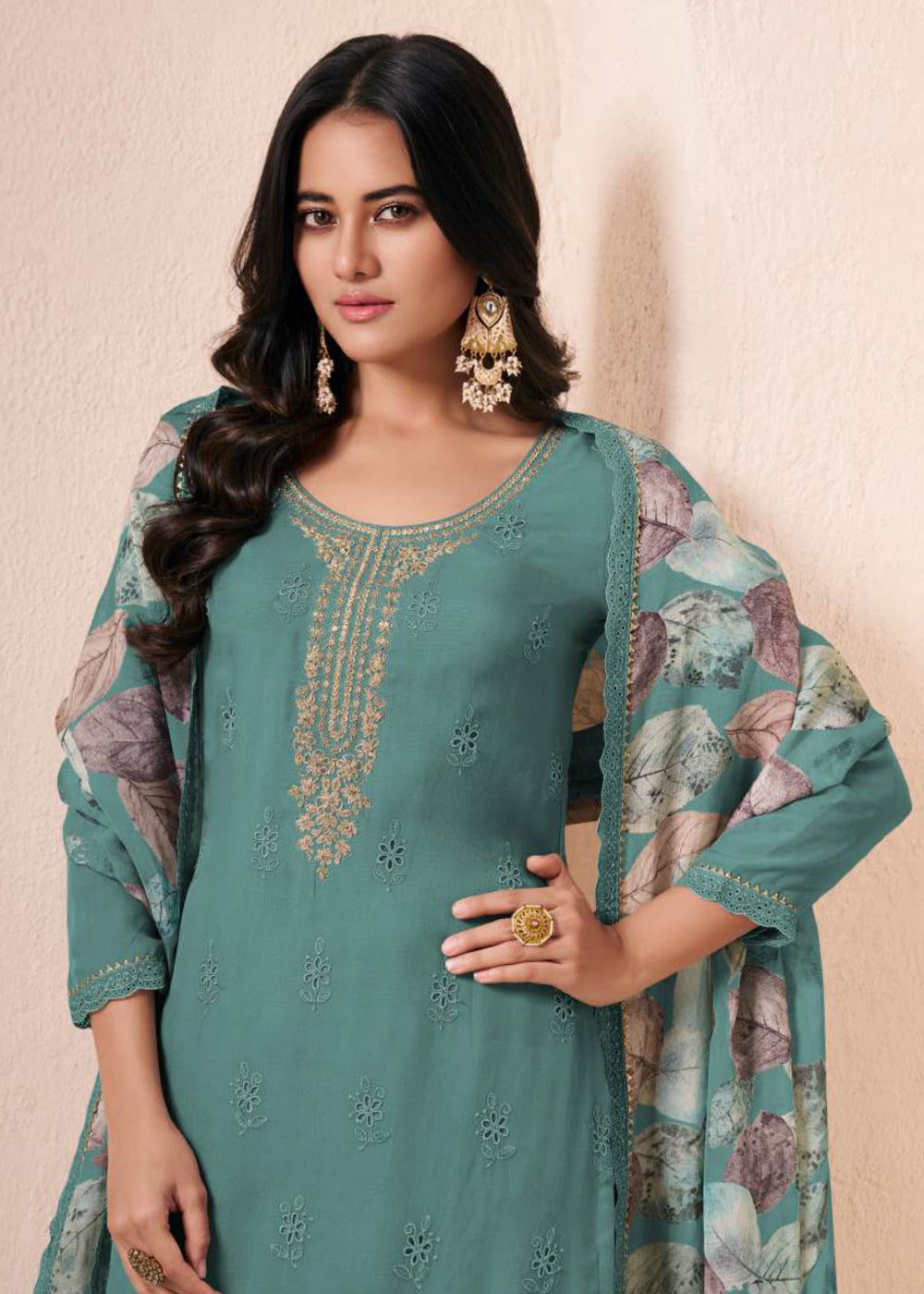 Buy Now Schiffli Embroidered Green Organza Straight Kurta Suit Online in USA, UK, Canada, Germany, Italy, France, Austria, UAE & Worldwide at Empress Clothing.