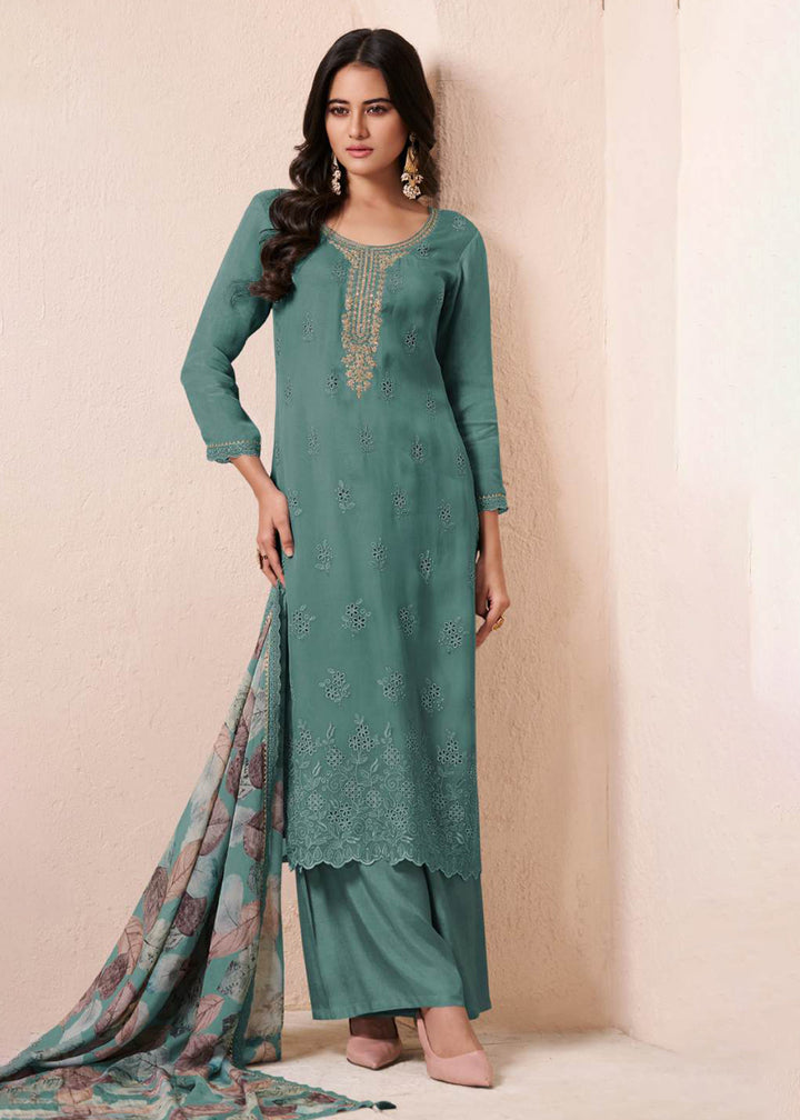 Buy Now Schiffli Embroidered Green Organza Straight Kurta Suit Online in USA, UK, Canada, Germany, Italy, France, Austria, UAE & Worldwide at Empress Clothing.