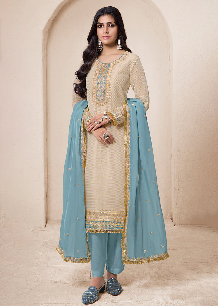 Buy Now Beige & Blue Viscose Organza Embroidered Salwar Suit Online in USA, UK, Canada, Germany, Australia & Worldwide at Empress Clothing.