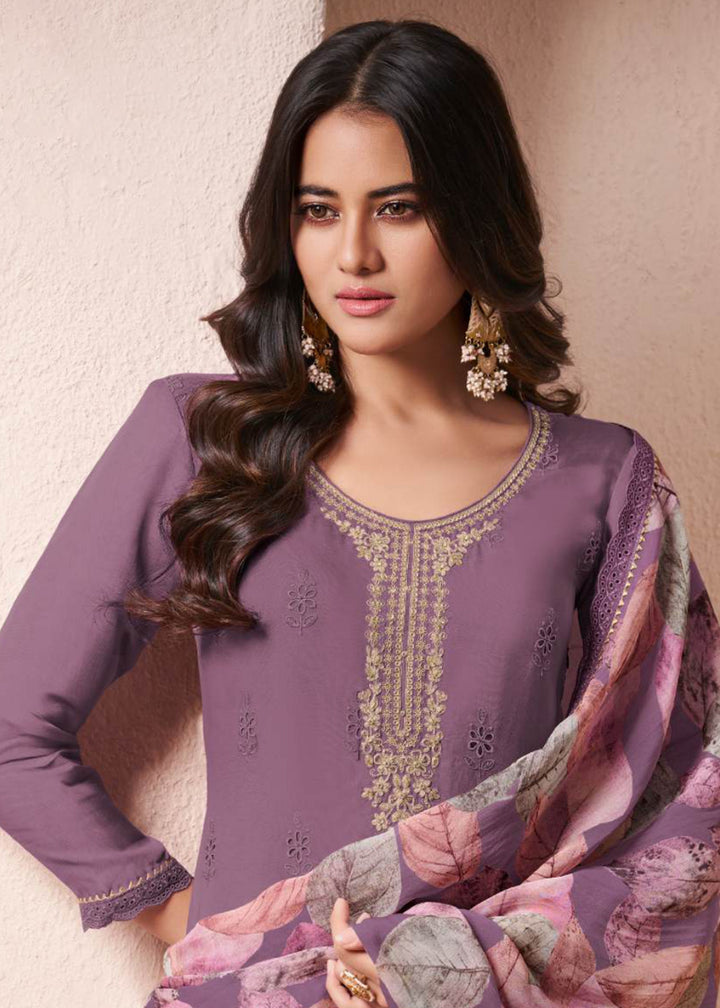 Buy Now Schiffli Embroidered Purple Organza Straight Kurta Suit Online in USA, UK, Canada, Germany, Italy, France, Austria, UAE & Worldwide at Empress Clothing.
