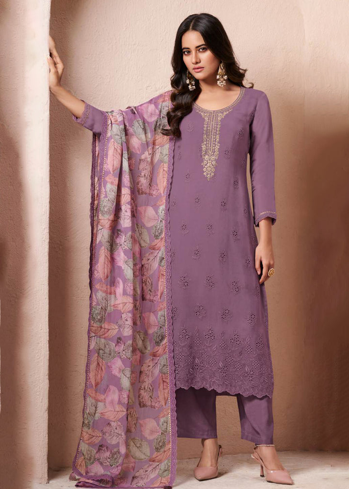 Buy Now Schiffli Embroidered Purple Organza Straight Kurta Suit Online in USA, UK, Canada, Germany, Italy, France, Austria, UAE & Worldwide at Empress Clothing.