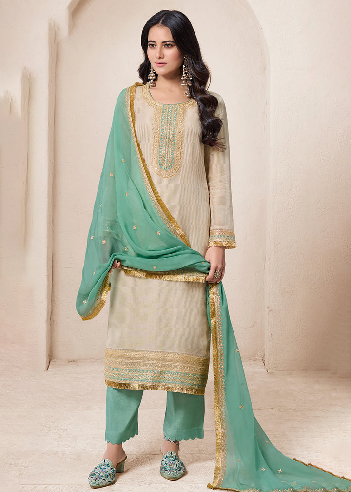 Buy Now Beige & Green Viscose Organza Embroidered Salwar Suit Online in USA, UK, Canada, Germany, Australia & Worldwide at Empress Clothing.