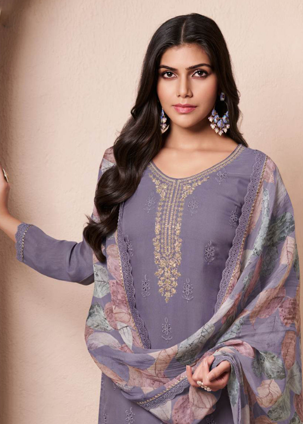 Buy Now Schiffli Embroidered Violet Organza Straight Kurta Suit Online in USA, UK, Canada, Germany, Italy, France, Austria, UAE & Worldwide at Empress Clothing.