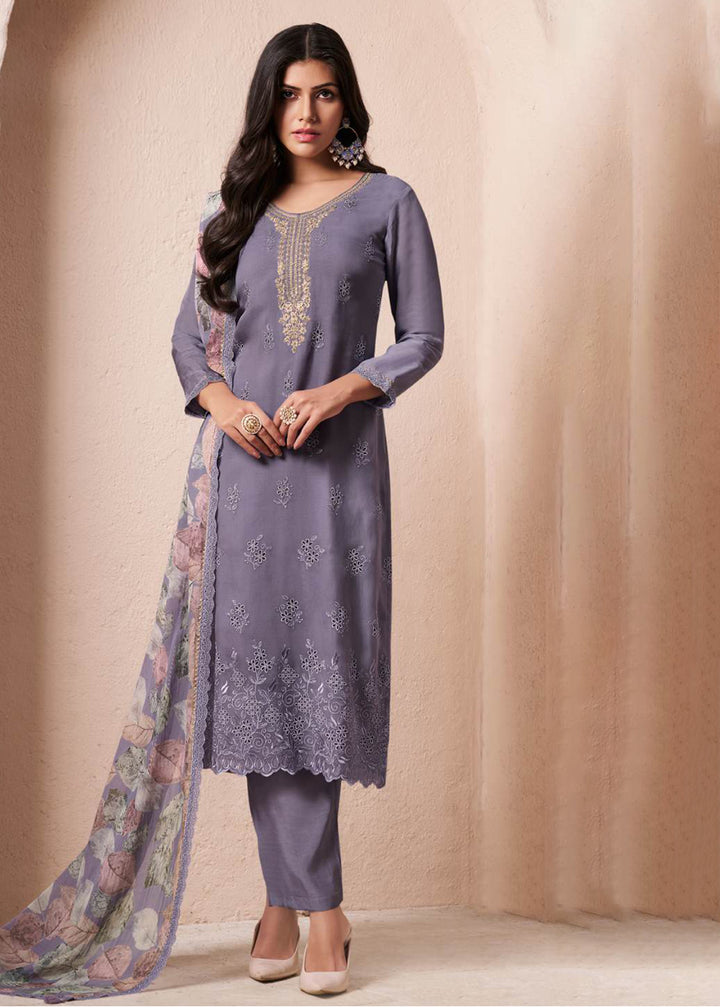 Buy Now Schiffli Embroidered Violet Organza Straight Kurta Suit Online in USA, UK, Canada, Germany, Italy, France, Austria, UAE & Worldwide at Empress Clothing.