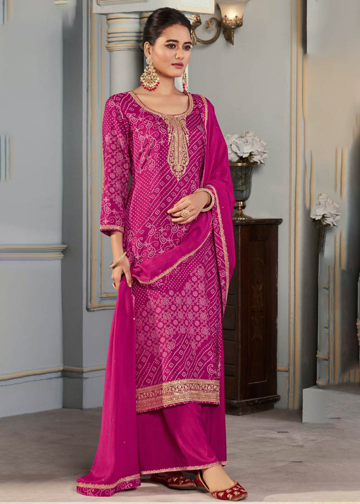 Buy Now Magenta Pink Silk Digital Printed Festive Salwar Suit Online in USA, UK, Canada, Germany, Italy, France, Austria, UAE & Worldwide at Empress Clothing.