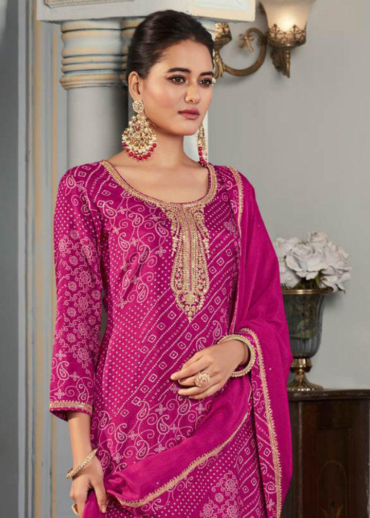 Buy Now Magenta Pink Silk Digital Printed Festive Salwar Suit Online in USA, UK, Canada, Germany, Italy, France, Austria, UAE & Worldwide at Empress Clothing.