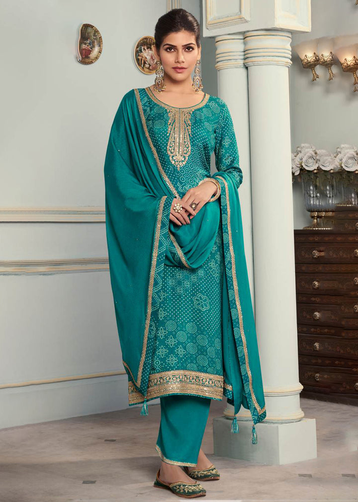 Buy Now Teal Green Silk Digital Printed Festive Salwar Suit Online in USA, UK, Canada, Germany, Italy, France, Austria, UAE & Worldwide at Empress Clothing.