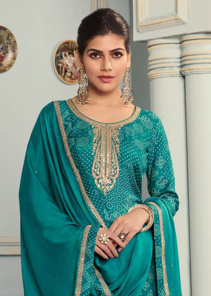Buy Now Teal Green Silk Digital Printed Festive Salwar Suit Online in USA, UK, Canada, Germany, Italy, France, Austria, UAE & Worldwide at Empress Clothing.