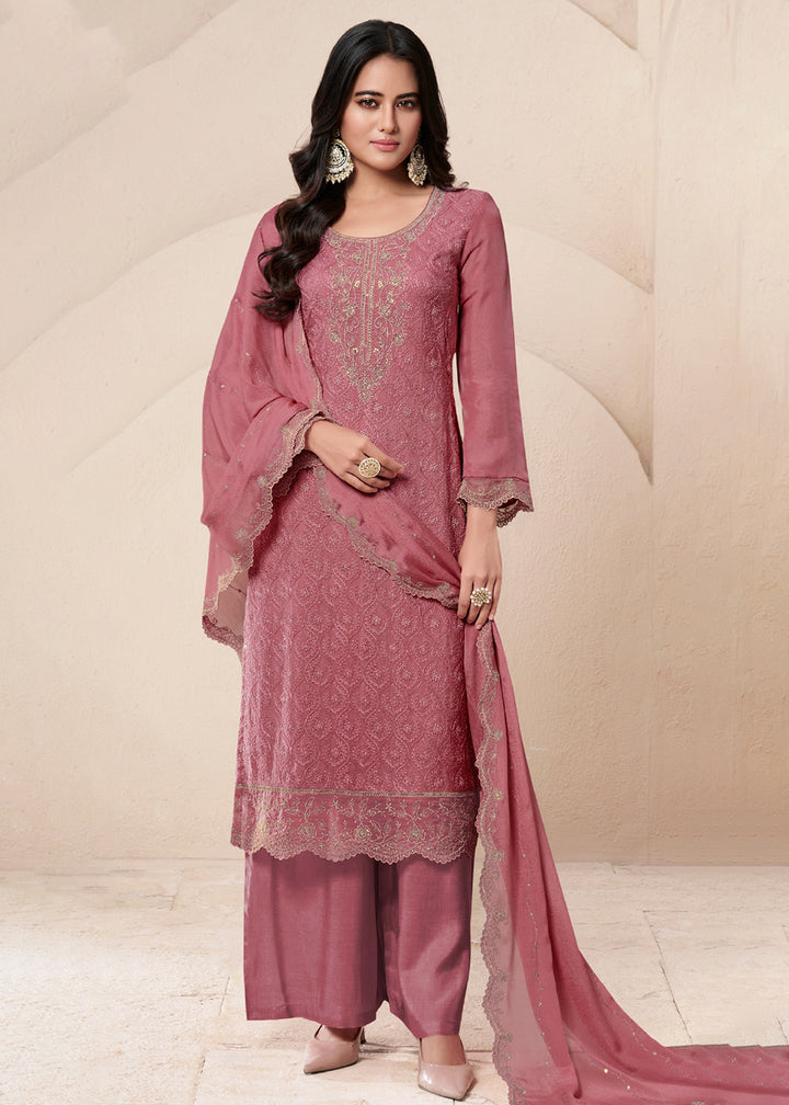 Buy Now Rose Pink Schiffli Embroidered Organza Palazzo Salwar Suit Online in USA, UK, Canada, Germany, Italy, France, Austria & Worldwide at Empress Clothing.
