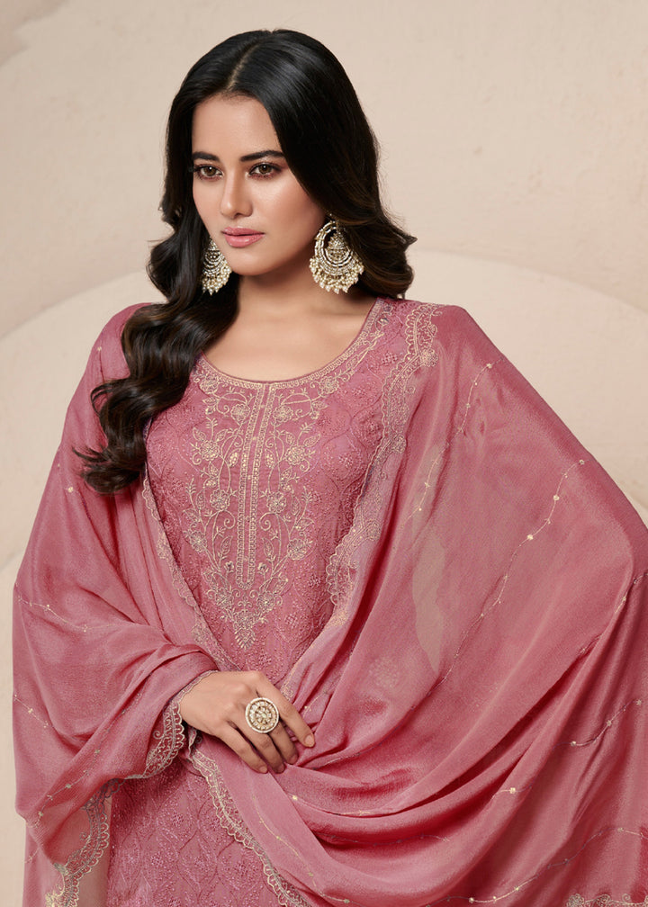 Buy Now Rose Pink Schiffli Embroidered Organza Palazzo Salwar Suit Online in USA, UK, Canada, Germany, Italy, France, Austria & Worldwide at Empress Clothing.