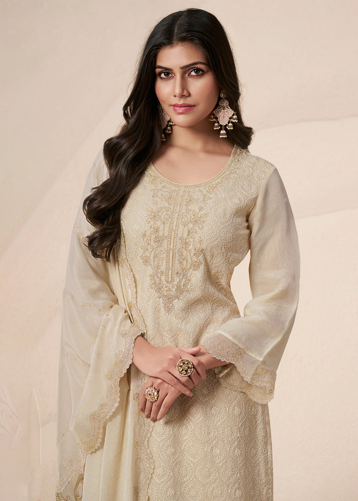 Buy Now Off White Schiffli Embroidered Organza Palazzo Salwar Suit Online in USA, UK, Canada, Germany, Italy, France, Austria & Worldwide at Empress Clothing.