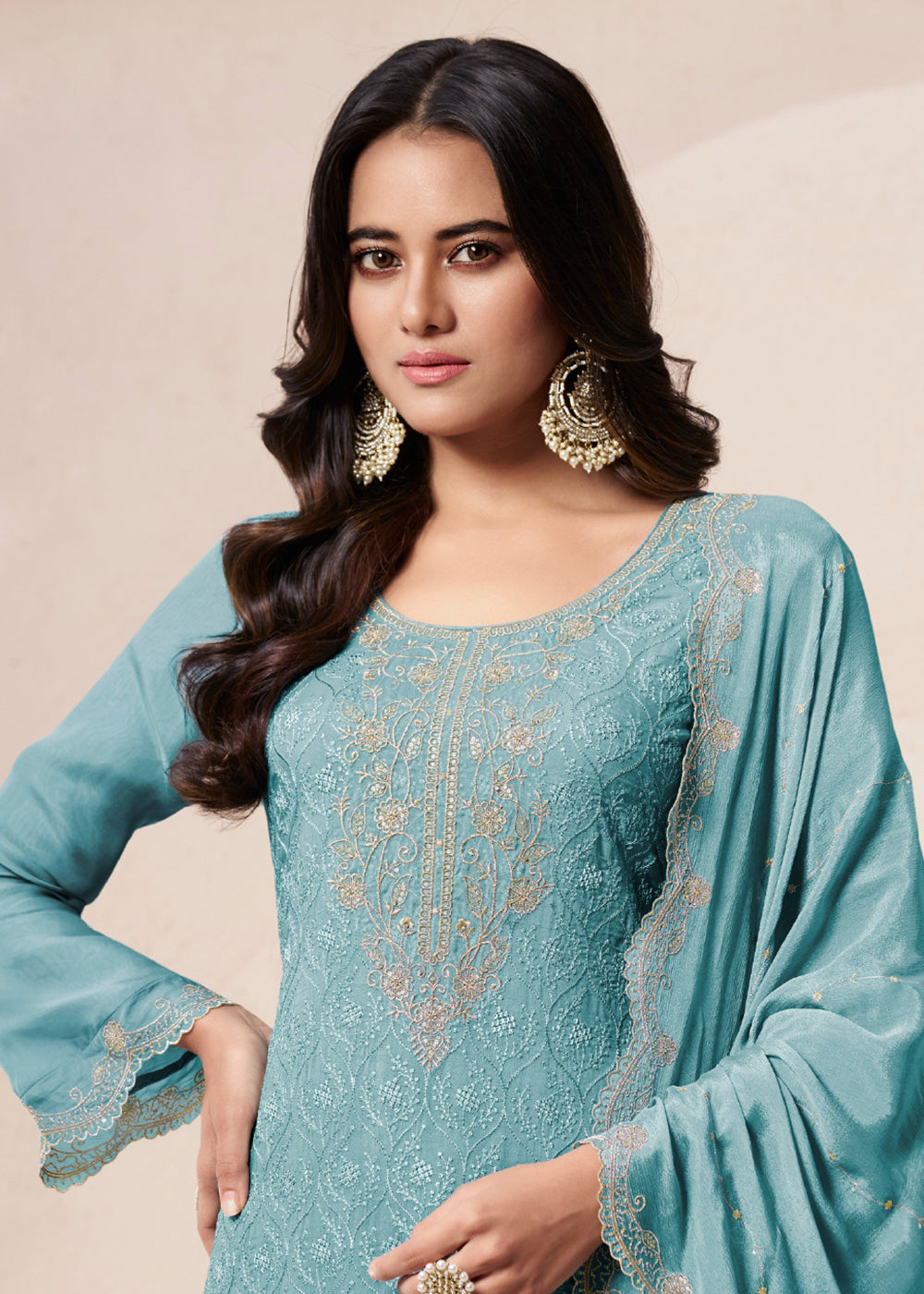 Buy Now Sky Blue Schiffli Embroidered Organza Palazzo Salwar Suit Online in USA, UK, Canada, Germany, Italy, France, Austria & Worldwide at Empress Clothing.