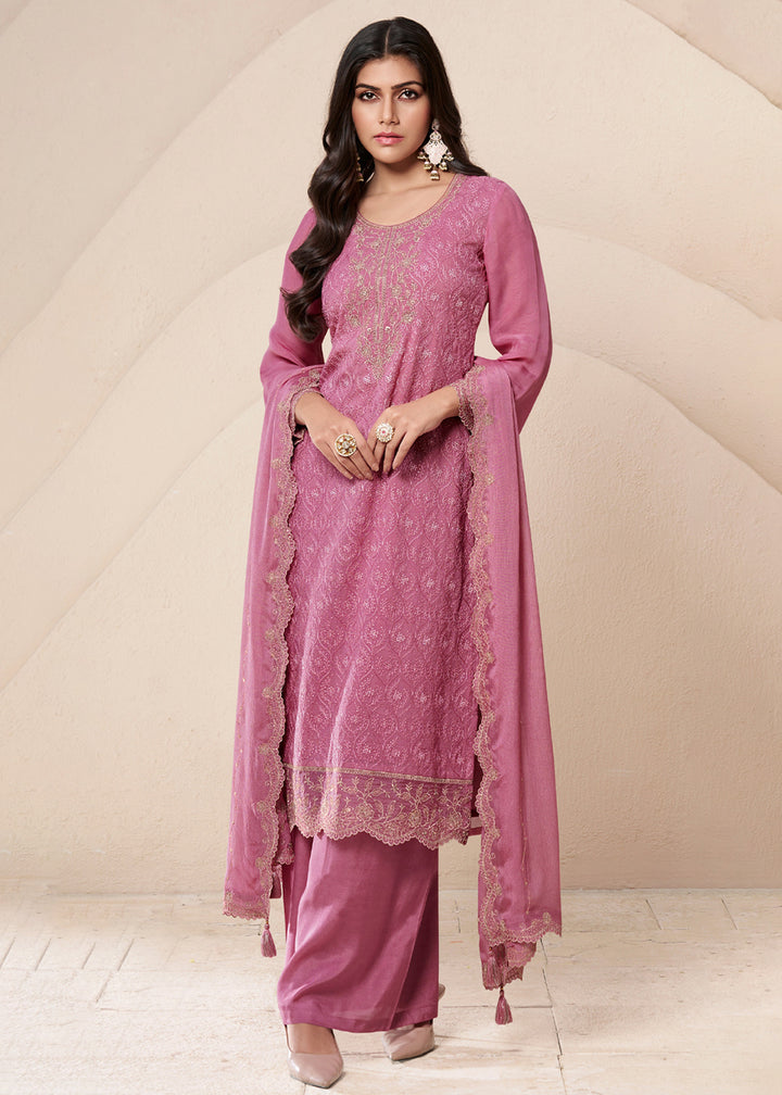 Buy Now Blush Pink Schiffli Embroidered Organza Palazzo Salwar Suit Online in USA, UK, Canada, Germany, Italy, France, Austria & Worldwide at Empress Clothing.
