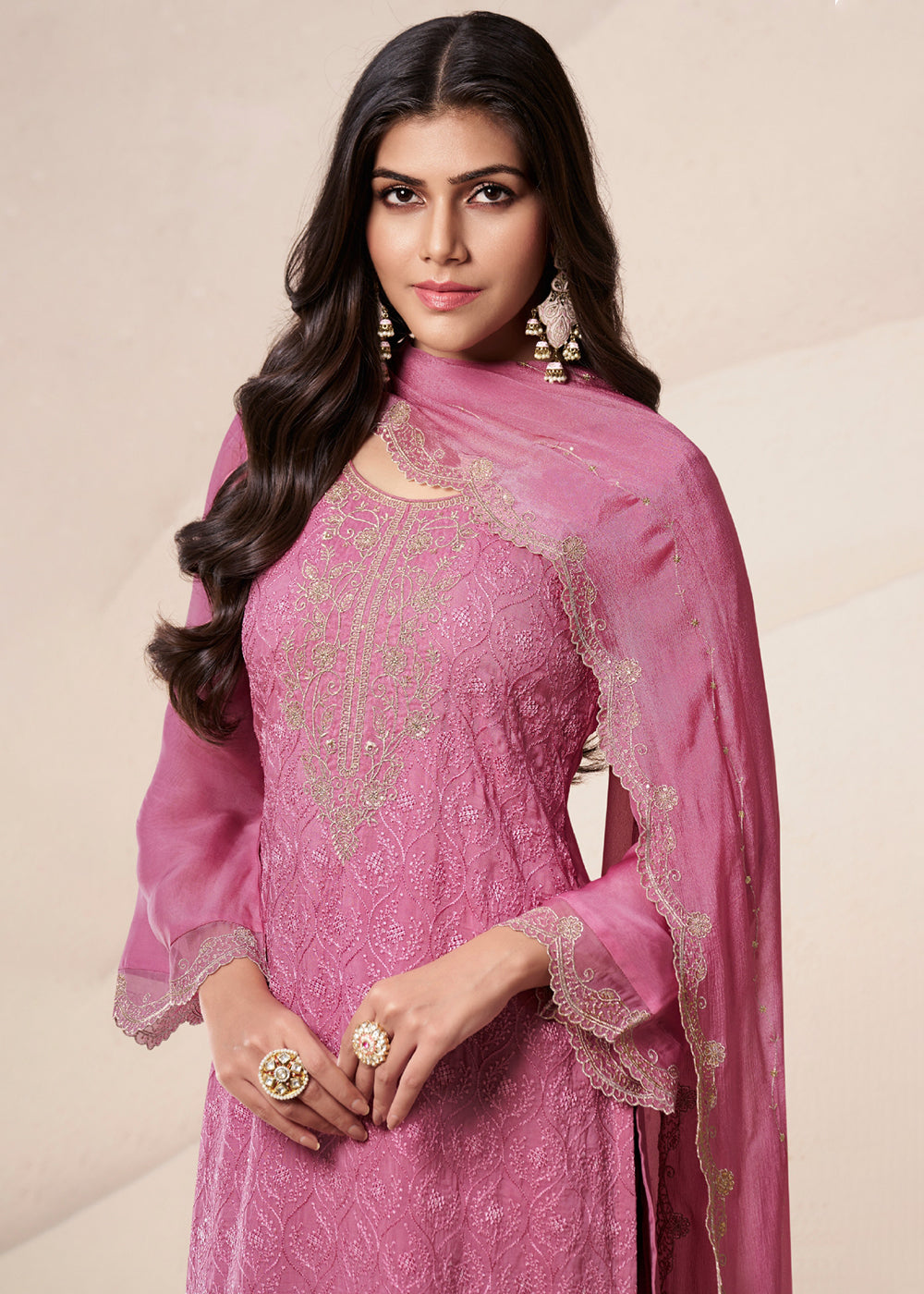 Buy Now Blush Pink Schiffli Embroidered Organza Palazzo Salwar Suit Online in USA, UK, Canada, Germany, Italy, France, Austria & Worldwide at Empress Clothing.